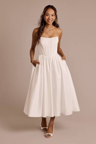 View DB Studio Satin Corset Bodice Tea-Length Dress in all available color and sizes Picture of Satin Corset Bodice Tea-Length Dress